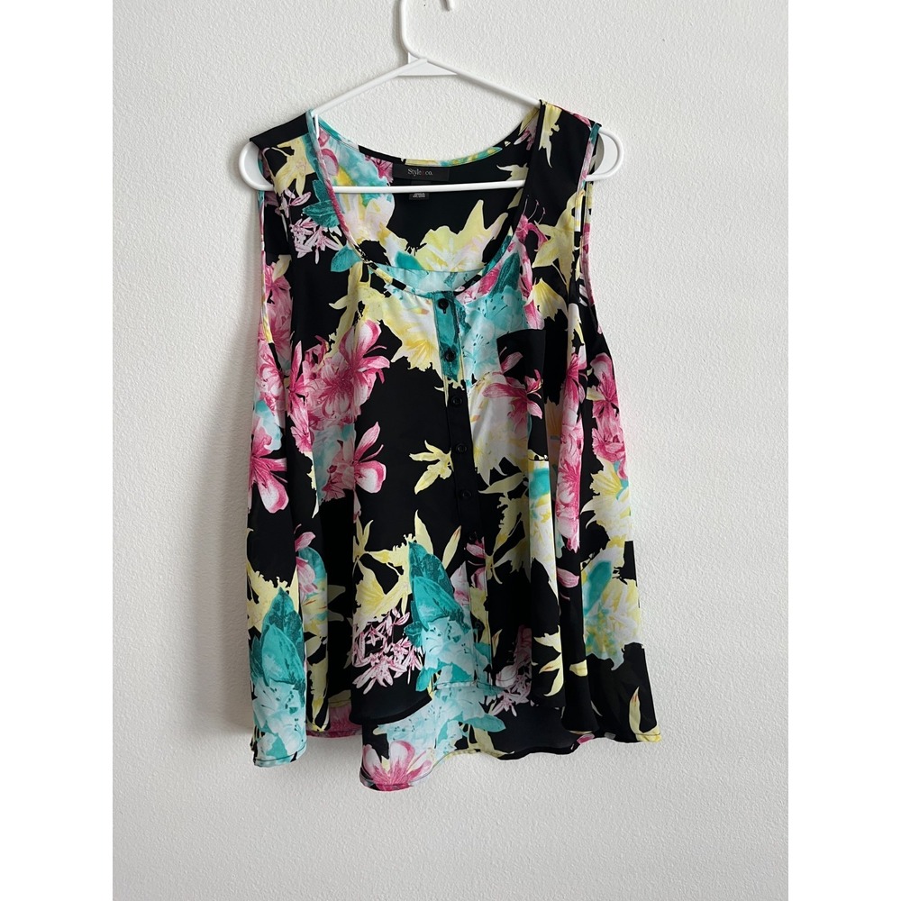 Style & Co Tank Top Womens Medium Multicolor Floral High Low Hem Button Front